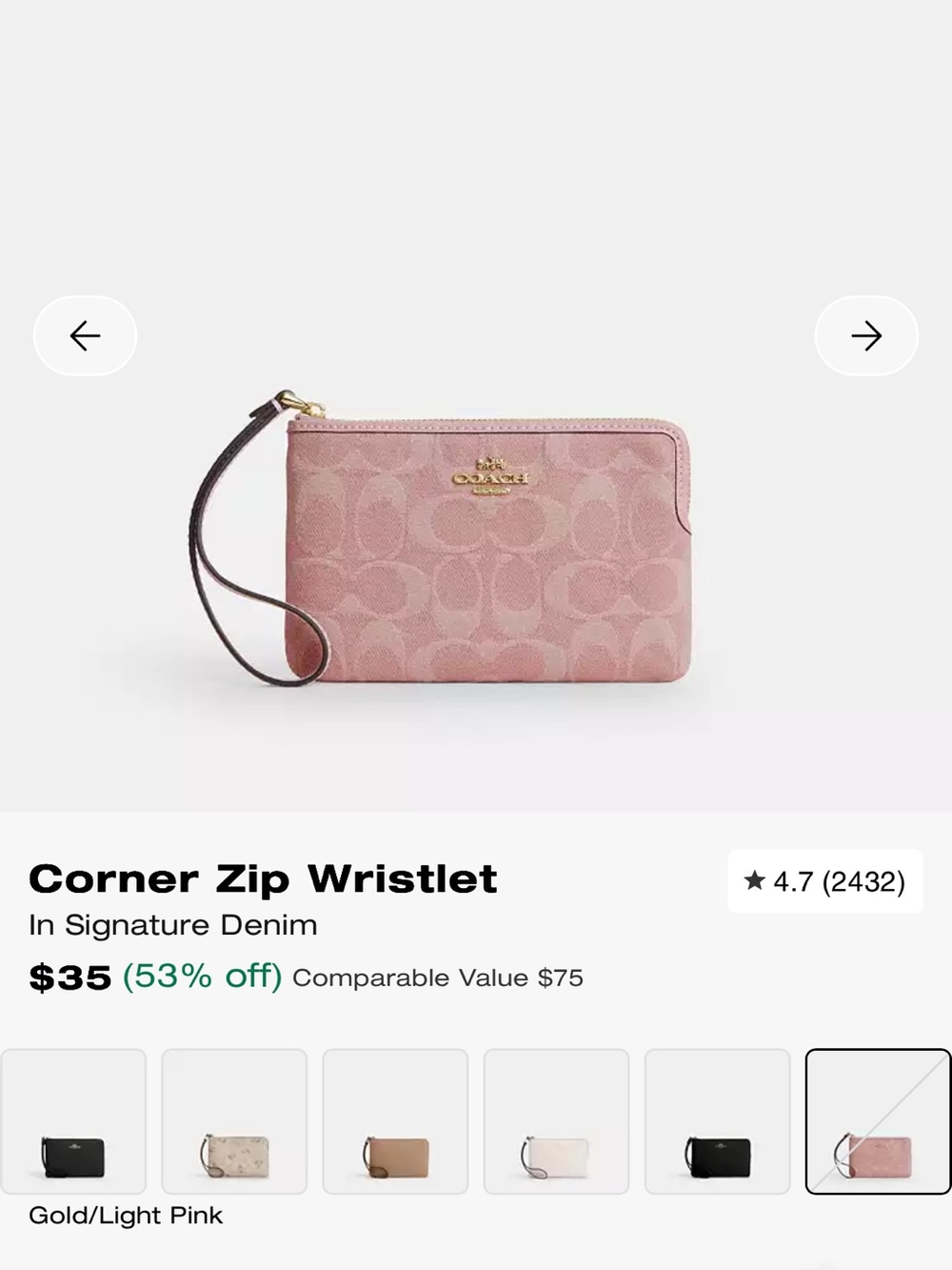 Coach Signature Zip Wristlet in Light Pink with Gold Logo